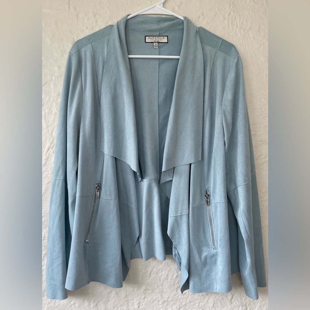 Bagatelle Collection plus women's faux suede drape-front jacket, dusty blue; 1X